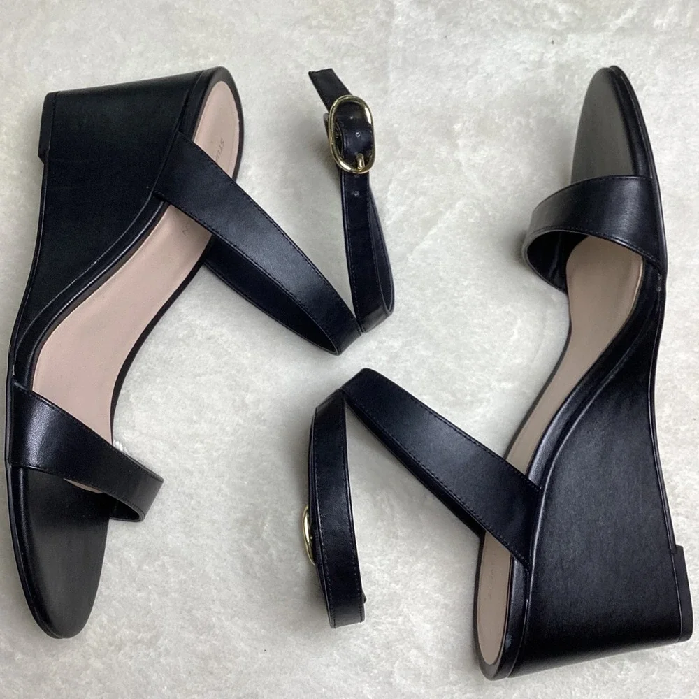 Stuart Weitzman Black Leather Wedge Sandals Ankle Strap SD753120 Women's US 9B